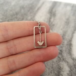 Vintage Little Bird Pendant, Rectangle, Silver Tone, Estate